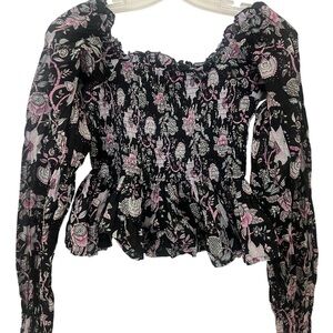 Mille Circe Cotton Smocked Stretch Long Sleeve Tropical Night Floral Blouse Top